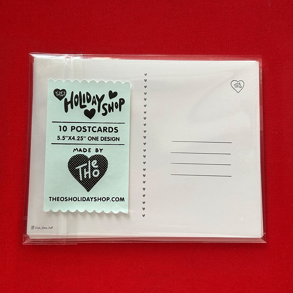 Packaged postcards with a label on a red background