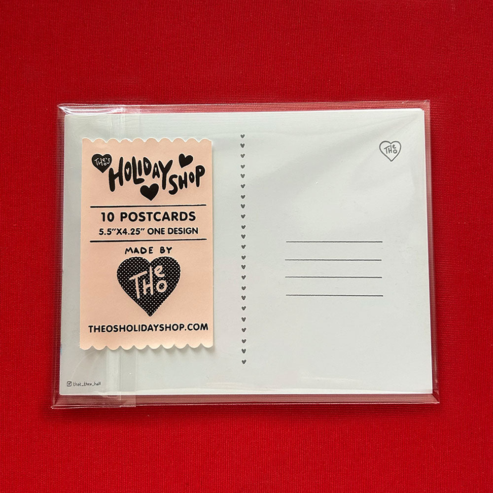 Packaged postcards with a label on a red background