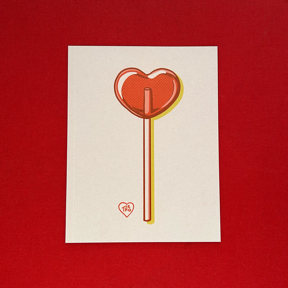 Heart-shaped lollipop illustration postcard front on a red background